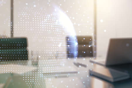 Double exposure of abstract digital world map and modern desk with computer on background, big data and blockchain conceptの写真素材