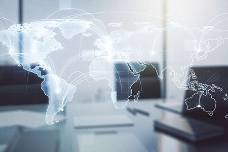 Abstract graphic digital world map with connections and modern desktop with pc on background, globalization concept. Multiexposureの写真素材