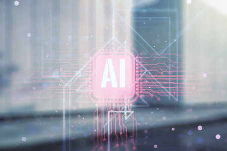 Creative artificial Intelligence symbol hologram on blurry contemporary office building background....