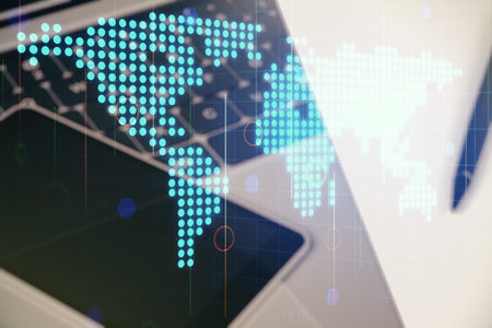 Abstract creative digital world map on modern computer background, globalization concept....