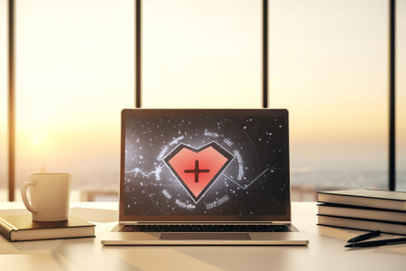 Modern computer monitor with creative abstract heart rate hologram. Healthcare technolody concept....
