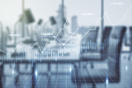 Abstract virtual financial graph hologram on a modern furnished classroom background, financial and...