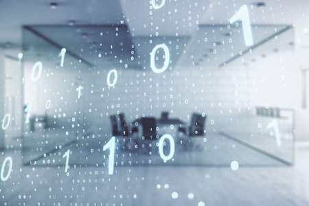 Double exposure of abstract virtual binary code hologram on modern corporate office background. Database and programming conceptの写真素材