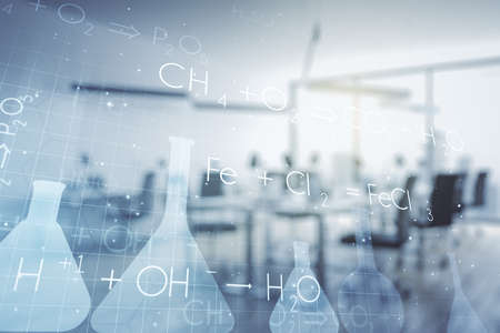 Creative chemistry hologram on a modern furnished office interior background, pharmaceutical research concept. Multiexposureの写真素材