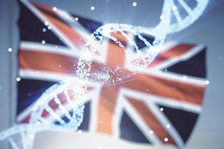 Double exposure of creative DNA hologram on British flag and blue sky background. Bio Engineering...