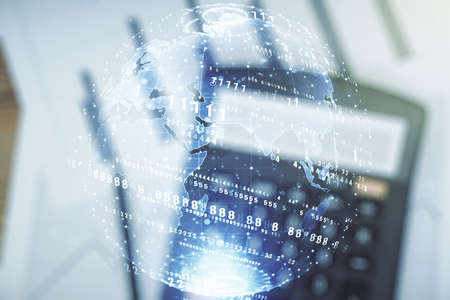 Multi exposure of abstract graphic coding sketch and world map on blurry calculator and papers background, big data and networking conceptの写真素材