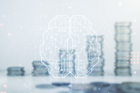 Double exposure of creative artificial Intelligence interface on growing stacks of coins background....