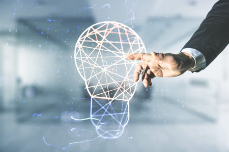 Man hand presses on virtual Idea concept with light bulb illustration on blurred office background....