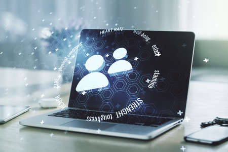 Creative abstract people icons hologram on modern computer background, life and health insurance concept. Multi exposureの写真素材