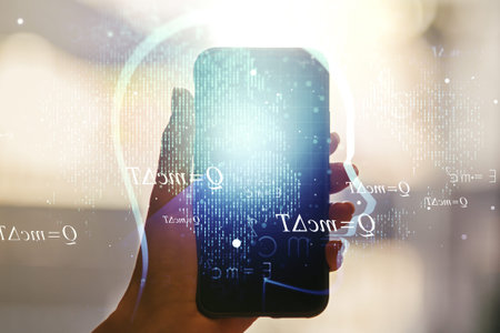 Creative artificial Intelligence concept with human head sketch and hand with mobile phone on...