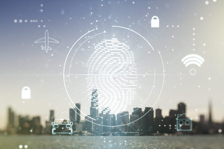 Multi exposure of virtual fingerprint scan interface on San Francisco office buildings background,...