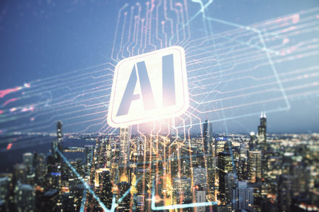 Double exposure of creative artificial Intelligence icon on Chicago city skyscrapers background....