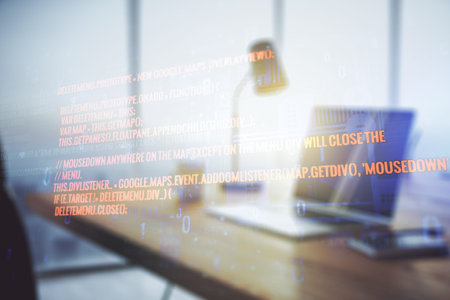 Multi exposure of abstract software development hologram on laptop background, research and...