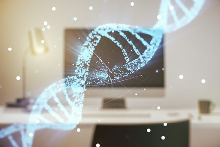 Double exposure of creative DNA hologram on laptop background. Bio Engineering and DNA Research...
