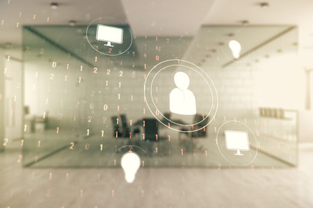 Abstract virtual social network hologram on a modern furnished classroom background. Double exposure