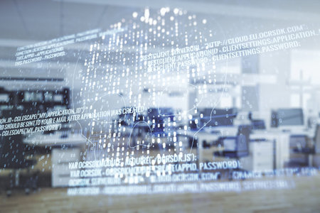 Double exposure of abstract virtual creative code skull hologram on modern corporate office...