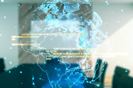 Multi exposure of abstract creative coding sketch and world map on a modern conference room background, artificial intelligence and neural networks conceptの写真素材