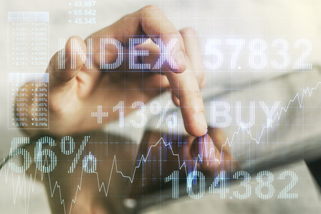 Multi exposure of abstract creative financial chart with finger presses on a digital tablet on background, research and analytics conceptの写真素材