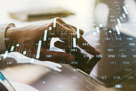 Abstract creative stats data concept with finger clicks on a digital tablet on background. Multiexposureの写真素材