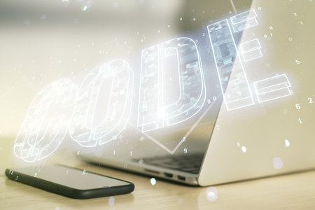 Creative Code word hologram on modern computer background, artificial intelligence and neural networks concept. Multiexposureの写真素材