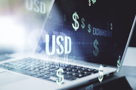 Creative concept of EURO USD symbols illustration on modern laptop background. Trading and currency concept. Multiexposureの写真素材
