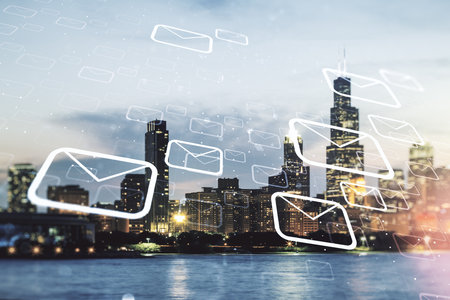 Abstract virtual postal envelopes illustration on Chicago skyline background. Email and communications concept. Multiexposureの写真素材