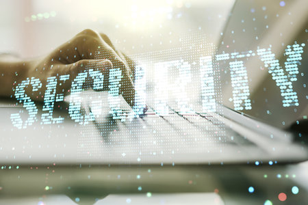 Cyber security creative concept with hands typing on computer keyboard on background. Double exposureの写真素材