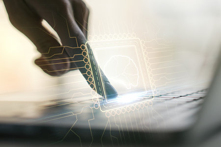 Creative artificial Intelligence concept with human brain sketch and hands typing on computer keyboard on background. Double exposureの写真素材