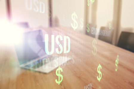 Creative concept of EURO USD symbols illustration on modern laptop background. Trading and currency concept. Multiexposureの写真素材