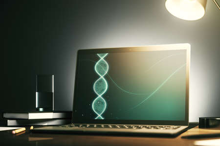 Modern computer monitor with creative DNA hologram. Bio Engineering and DNA Research concept. 3D Renderingの写真素材