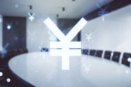 Abstract virtual Japanese Yen symbol illustration on a modern conference room background. Trading and currency concept. Multiexposureの写真素材