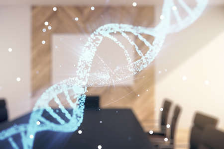 Virtual DNA symbol illustration on a modern conference room background. Genome research concept. Multiexposureの写真素材