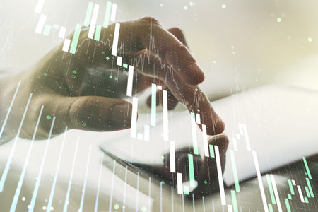 Multi exposure of abstract financial graph and hand working with a digital tablet on background,...