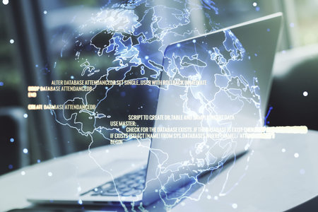 Multi exposure of abstract programming language hologram with world map on computer background,...