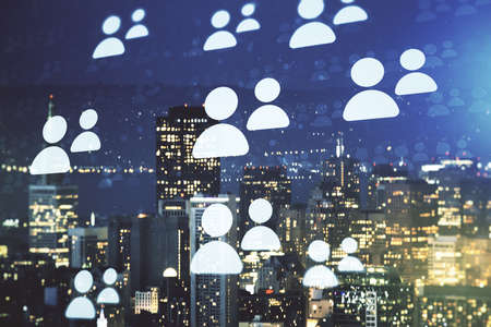 Abstract virtual social network concept on San Francisco skyline background. Multiexposureの写真素材