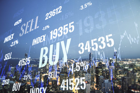 Double exposure of abstract creative financial chart hologram on Chicago skyscrapers background,...