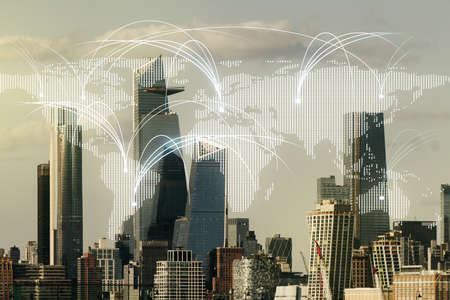 Double exposure of abstract digital world map hologram with connections on New York city skyscrapers background, research and strategy conceptの写真素材
