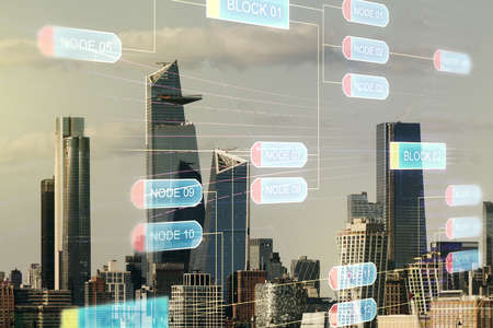 Multi exposure of abstract creative coding sketch on New York city skyline background, artificial intelligence and neural networks conceptの写真素材