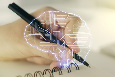 Double exposure of creative artificial Intelligence symbol with man hand writing in notebook on...