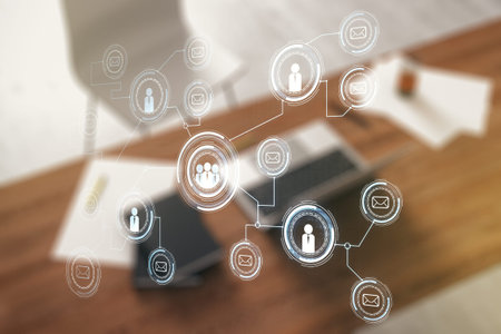 Social network concept and modern desktop with computer on background. Multiexposure