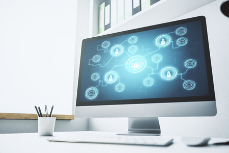 Social network concept on modern laptop screen. 3D Renderingの写真素材