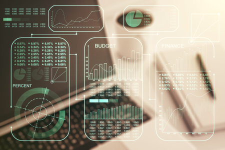 Double exposure of abstract creative statistics data hologram on laptop background, statistics and...