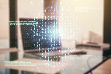Creative code skull sketch on modern laptop background, theft of personal data and malware concept. Multiexposureの写真素材