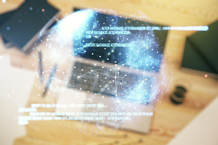 Multi exposure of abstract creative coding sketch with world map on modern laptop background, artificial intelligence and neural networks conceptの写真素材