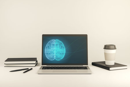 Modern computer display with creative human brain microcircuit. Future technology and AI concept. 3D...