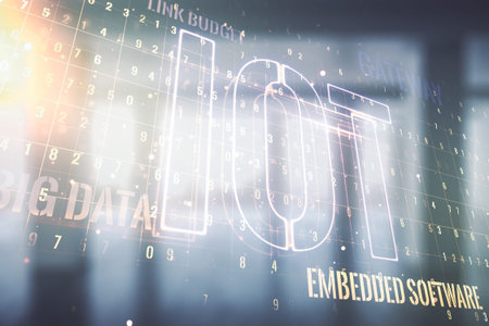 Double exposure of abstract virtual IOT hologram on empty modern office background, research and...