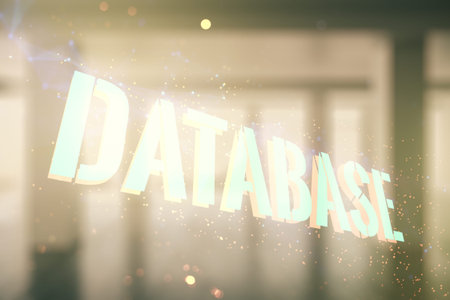 Double exposure of Database word sign on abstract empty interior background, global research and...
