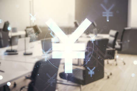 Double exposure of abstract virtual Japanese Yen symbol hologram on modern corporate office background. Banking and investing conceptの写真素材