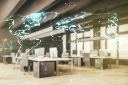 Multi exposure of abstract creative digital world map hologram on a modern furnished office background, tourism and traveling conceptの写真素材