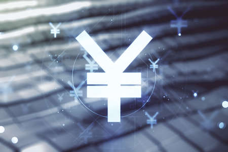 Abstract virtual Japanese Yen symbol illustration on blurry abstract metal background. Trading and currency concept. Multiexposureの写真素材